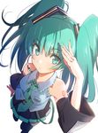  blue_eyes blue_hair blue_nails blue_neckwear blush breasts detached_sleeves domo1220 eyebrows_visible_through_hair hatsune_miku highres large_breasts long_hair looking_at_viewer microphone nail_polish necktie solo twintails vocaloid 