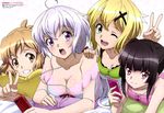  ;d absurdres ahoge akatsuki_kirika bare_shoulders black_hair blonde_hair blush breasts brown_hair cleavage collarbone digital_media_player green_eyes grin h-new hair_ornament headphones highres large_breasts long_hair looking_at_viewer lying medium_breasts multiple_girls official_art on_stomach one_eye_closed open_mouth orange_eyes pink_eyes purple_eyes senki_zesshou_symphogear short_hair silver_hair smile tachibana_hibiki_(symphogear) teeth tsukuyomi_shirabe twintails v very_long_hair yukine_chris 