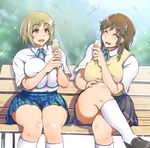  2girls :d ^_^ amagami beamed_sixteenth_notes bench black_skirt blue_skirt breast_squeeze breasts closed_eyes commentary_request crossed_legs crossover curvy dress_shirt eighth_note eyebrows_visible_through_hair food hair_ornament hair_ribbon hand_on_own_knee happy holding holding_food huge_breasts ice_cream ice_cream_cone idolmaster idolmaster_cinderella_girls kneehighs loafers mimura_kanako multiple_girls musical_note neck_ribbon open_mouth pleated_skirt plump ribbon sakurai_rihoko school_uniform shirt shoes short_hair short_sleeves side-by-side sitting sitting_on_bench skirt smile soft_serve sparkle sweater_vest thick_thighs thighs trait_connection uniform white_legwear white_shirt yosyo 