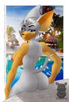  2017 anthro back_side bat big_breasts breasts butt clothed clothing digital_media_(artwork) female fredkakes fur hair hi_res huge_breasts humanoid mammal nipples nude outside pool_(disambiguation) rouge_the_bat signature solo sonic_(series) swimsuit thick_thighs video_games water watermark wide_hips 