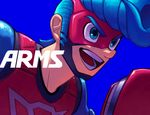 arms_(game) blue_background blue_eyes blue_hair boxing_gloves close-up copyright_name domino_mask male_focus mask masshi pompadour simple_background smile spring_man_(arms) toaster_(arms) 