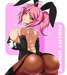  ahoge akino_masoho animal_ears ass back back_cutout bangs blush breasts bunny_ears bunny_girl bunnysuit commentary_request elbow_gloves from_behind gloves hair_between_eyes highres huge_breasts looking_at_viewer looking_back pantyhose philuffy_aingram pink_hair saijaku_muhai_no_bahamut short_hair short_twintails sideboob solo thighhighs twintails white_gloves yellow_eyes 