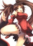  bare_shoulders blush boots breasts brown_eyes brown_hair china_dress chinese_clothes detached_sleeves dress guilty_gear guilty_gear_xrd hair_ornament hairclip highres jijii48 kuradoberi_jam large_breasts long_hair open_mouth panties skirt smile solo underwear very_long_hair 