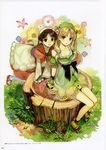  absurdres arm_support atelier_(series) atelier_ayesha ayesha_altugle blonde_hair blush breasts brown_eyes brown_hair cleavage collarbone day dress flower grass green_dress green_eyes hidari_(left_side) highres long_hair looking_at_viewer medium_breasts multiple_girls nio_altugle official_art outdoors page_number parted_lips platform_footwear scan short_hair simple_background sitting sleeveless sleeveless_dress tree_stump very_long_hair white_background white_legwear 
