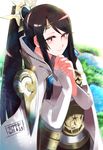  armor artist_name black_hair blurry blush circlet cloak dated depth_of_field fingerless_gloves fire_emblem fire_emblem_if gloves hair_ornament hands_clasped interlocked_fingers kinokisaki long_hair looking_at_viewer mikoto_(fire_emblem_if) orange_eyes own_hands_together ponytail sidelocks smile solo upper_body white_gloves 
