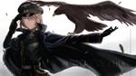  absurdres aiguillette animal_on_arm badge belt bird bird_on_arm bismarck_(zhan_jian_shao_nyu) black_cloak black_gloves black_hat black_jacket blue_eyes brown_hair buttons character_name eagle feathers gloves gradient gradient_background hat highres holding holding_hat iron_cross jacket looking_afar military military_uniform one_eye_covered outstretched_arm peaked_cap short_hair spread_wings uniform xing_muhen zhan_jian_shao_nyu 