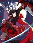  1girl boots breasts cape corset dress gothic_lolita long_sleeves moon rose_petals ruby_rose rwby scythe short_hair silver_eyes solo thighhighs weapon 