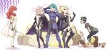  3girls alm_(fire_emblem) armor armored_boots black_hair black_wings blonde_hair blush boots bow braid breasts brown_eyes brown_hair cape celica_(fire_emblem) center_opening clair_(fire_emblem) cleavage closed_eyes crown dark_skin dress effie_(fire_emblem) feathered_wings fire_emblem fire_emblem_echoes:_mou_hitori_no_eiyuuou full_body gloves gold green_eyes green_hair grey_(fire_emblem) groin hand_behind_head headband heart high_heels highres jealous jewelry long_hair medium_breasts multiple_boys multiple_girls open_mouth ponytail red_eyes red_hair revealing_clothes robin_(fire_emblem_gaiden) smile surprised sweatdrop thigh_boots thighhighs tiara tuqi_pix twin_braids wings 