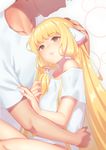  1girl bangs blonde_hair blunt_bangs blush breasts brown_eyes chii chobits commentary eyebrows_visible_through_hair fiodo hair_tubes highres hug lips long_hair looking_up off_shoulder parted_lips robot_ears shirt short_sleeves sidelocks simple_background small_breasts t-shirt very_long_hair white_shirt 