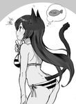  animal_ears ass bangs bikini cat_ears cat_girl cat_tail commentary dimples_of_venus fish greyscale halter_top halterneck itsumi_mita long_hair monochrome original parted_lips profile side-tie_bikini solo striped striped_bikini swimsuit tail thought_bubble 