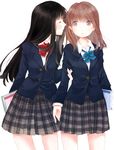  arm_holding bangs black_hair blue_ribbon blunt_bangs blush brown_hair closed_eyes eyebrows_visible_through_hair fly_(marguerite) hand_on_another's_arm holding imminent_kiss long_hair multiple_girls open_eyes open_mouth original red_ribbon ribbon school_uniform simple_background skirt standing uniform white_background yuri 