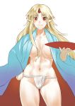  1girl blonde_hair blue_robe blush breasts breasts_apart cup fang fundoshi hand_on_hip highres hihiyama_yokikana holding holding_cup horn hoshiguma_yuugi japanese_clothes large_breasts long_hair navel oni_horn open_clothes open_robe pointy_ears red_eyes robe sakazuki solo touhou very_long_hair 