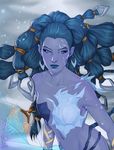  blue_eyes blue_hair blue_skin breasts cleavage coralie_jubenot earrings final_fantasy final_fantasy_x ice impossible_clothes jewelry medium_breasts shiva_(final_fantasy) solo upper_body 