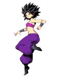  ass bandeau black_eyes black_hair caulifla commentary dragon_ball dragon_ball_super from_side full_body genzoman harem_pants leg_up midriff navel pants smile solo spiked_hair strapless wristband 