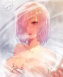  breasts breath cleavage condensation covering fate/grand_order fate_(series) hair_over_one_eye hand_on_own_chest large_breasts mash_kyrielight mirror nude_cover open_mouth outstretched_hand parted_lips pink_eyes pink_hair reflection short_hair solo teddy_(khanshin) towel upper_body water_drop wet wet_hair 