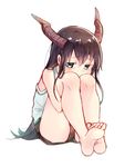  bangs barefoot black_hair blush commentary_request covered_mouth eyebrows_visible_through_hair full_body green_eyes horns itsumi_mita leg_hug long_hair looking_at_viewer monster_girl original shorts simple_background sitting solo tank_top thighs white_background 