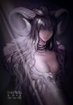  2015 animal_skull artist_name bangs black_hair breasts choker cleavage closed_mouth dated demon_girl demon_horns fur_trim grey_eyes hair_between_eyes happy_new_year horns large_breasts light_rays lips long_hair looking_at_viewer new_year nose original serious skull solo ssaki_metel wavy_hair 