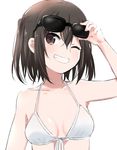  ;d arm_up bikini_top breasts brown_eyes brown_hair eyewear_on_head front-tie_bikini front-tie_top grin hair_between_eyes ica kantai_collection looking_away medium_breasts medium_hair one_eye_closed open_mouth sendai_(kantai_collection) simple_background smile solo sunglasses two_side_up upper_body white_background white_bikini_top 