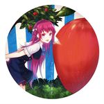  apple apple_tree arms_behind_back bangs bitten_apple blue_eyes commentary_request copyright_name food from_side fruit grisaia_(series) grisaia_no_kajitsu heiwari_kanade highres leaning_forward long_hair looking_at_viewer open_mouth oversized_object purple_hair saliva saliva_trail school_uniform sidelocks smile solo suou_amane tree very_long_hair 
