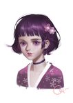  choker commentary_request face flower ginxiee hair_flower hair_ornament highres looking_at_viewer nose purple_choker purple_eyes purple_hair short_hair simple_background solo upper_body white_background 