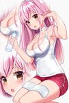  blush breasts choker cleavage dutch_angle fate/grand_order fate_(series) gendo0032 gym_shorts hair_tucking hairband long_hair looking_at_viewer medb_(fate)_(all) medb_(fate/grand_order) medium_breasts open_mouth ramune short_shorts shorts simple_background solo sweat tank_top towel zoom_layer 