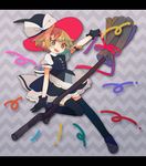  1girl :d ahoge bandaid bandaid_on_face black_gloves black_legwear blonde_hair blue_eyes bow bowtie broom broom_ribbon collared_shirt confetti daizu_(melon-lemon) gloves hat hat_bow highres kirisame_marisa loafers looking_at_viewer open_mouth ribbon shirt shoes short_hair skirt smile solo teeth thighhighs touhou v-shaped_eyebrows vest witch_hat zettai_ryouiki 