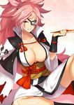 baiken breasts eyepatch facial_tattoo guilty_gear guilty_gear_xrd highres holding holding_pipe huge_breasts kiseru open_clothes open_robe pink_hair pipe ponytail purinnssu red_eyes robe scar scar_across_eye tattoo 
