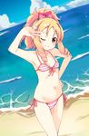  ;) beach bikini blonde_hair bow breasts brown_eyes closed_mouth day drill_hair eromanga_sensei hair_bow hand_on_hip looking_at_viewer massala navel ocean one_eye_closed pink_bow ponytail red_bow side-tie_bikini small_breasts smile solo standing striped striped_bikini swimsuit twin_drills v yamada_elf 