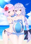  beach blush braid breasts cleavage cowboy_shot day flower groin hair_ornament hair_ribbon highres kami_jigen_game_neptune_v long_hair looking_at_viewer multiple_girls navel neptune_(choujigen_game_neptune) neptune_(series) outdoors pink_hair purple_eyes purple_hair pururut red_eyes ribbon shikapiro shiny shiny_hair shiny_skin short_hair single_braid small_breasts smile stomach swimsuit twintails 