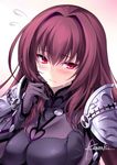 armor artist_name bangs blush bodysuit breasts commentary_request eyebrows_visible_through_hair fate/grand_order fate_(series) flying_sweatdrops holding holding_hair kousaki_rui large_breasts long_hair looking_to_the_side pauldrons purple_bodysuit purple_hair red_eyes scathach_(fate)_(all) scathach_(fate/grand_order) shoulder_armor signature simple_background solo sweatdrop 
