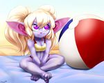  2016 ball barefoot beach beach_ball big_ears bikini blonde_hair breasts cleavage clothed clothing feet female hair league_of_legends mimicp navel outside pigtails poppy_(lol) purple_eyes riot_games seaside sitting solo swimsuit video_games yordle 
