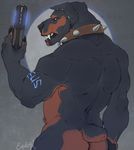  2017 anthro black_nose black_skin brown_skin butt canine claws clenched_teeth collar diesel_(explicital) dog ear_piercing explicital facial_piercing gun holding_object lip_piercing looking_at_viewer male mammal markings muscular muscular_male piercing pose ranged_weapon rear_view rottweiler sharp_claws sharp_teeth simple_background solo spiked_collar spikes standing teeth weapon white_eyes 