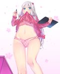  1girl bow bow_panties eromanga_sensei female flower from_below hair_bow holding izumi_sagiri lifted_by_self long_hair long_sleeves looking_down low-tied_long_hair mouth_hold navel pajamas pajamas_lift panties pink_bow polka_dot polka_dot_panties solo stomach stylus tablet underwear white_background yoridoriyk 