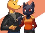  2017 4_fingers 5_fingers balls baseball_bat black_fur canine cat clothed clothing duo eyes_closed feline female fishboner_(artist) fox fur gregg_(nitw) mae_(nitw) male mammal night_in_the_woods red_eyes simple_background skulcrumpa standing whiskers yellow_fur 