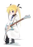  bass_guitar black_ribbon blonde_hair blue_eyes blue_neckwear blush closed_labcoat eyebrows_visible_through_hair full_body hair_ribbon holding holding_instrument id_card instrument kill_me_baby labcoat long_hair looking_away looking_down necktie okayparium plectrum ribbon solo sonya_(kill_me_baby) transparent_background twintails 