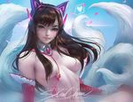  ahri ahri_(cosplay) breasts brown_hair cosplay d.va_(overwatch) fox_girl headphones korean_clothes league_of_legends medium_breasts overwatch sakimichan topless watermark 