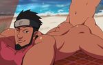  2boys anal animated_gif ass bara beach beard facial_hair happy_sex headband looking_at_viewer lying male_focus multiple_boys muscle naruto naughty_face nude ocean outdoors penetration pillow public sand sex smile smith_(ardp13) tagme thrusting towel umbrella water wink yaoi 