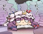  bangs blue_ribbon blush_stickers book chibi commentary crescent crescent_hair_ornament hair_ornament hat long_hair lying mob_cap mukyuu nekoguruma o_o on_stomach patchouli_knowledge pile_of_books purple_hair red_ribbon ribbon solo touhou translated triangle_mouth 