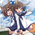  ahoge animal_ears brave_witches brown_eyes brown_hair cloud day dog_ears dog_tail hair_ornament hairclip hanya_(hanya_yashiki) holding_hands karibuchi_hikari long_sleeves looking_at_viewer miyafuji_yoshika multiple_girls one-piece_swimsuit open_mouth school_swimsuit school_uniform serafuku short_hair sky squirrel_ears strike_witches striker_unit swimsuit swimsuit_under_clothes tail world_witches_series 