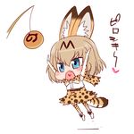  animal_ears arms_up blue_eyes blush_stickers bow bowtie brown_hair chibi cosplay elbow_gloves fang food girls_und_panzer gloves hanya_(hanya_yashiki) heart heart_in_mouth japari_bun jumping katyusha kemono_friends open_mouth serval_(kemono_friends) serval_(kemono_friends)_(cosplay) serval_ears serval_print serval_tail short_hair solo striped_tail tail thighhighs 