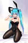 :d animal_ears arm_behind_back arm_up bangs bare_arms bare_shoulders bed_sheet black_bow black_footwear black_hairband black_legwear black_leotard black_neckwear blue_eyes blue_hair blush bow bowtie breasts bunny_ears bunny_girl bunnysuit cleavage cloel collarbone commentary_request covered_navel detached_collar eyebrows_visible_through_hair fake_animal_ears foreshortening full_body gradient gradient_background hair_bow hairband hatsune_miku highres kneeling leotard long_hair looking_at_viewer medium_breasts open_mouth pantyhose shoes skin_tight smile solo strapless strapless_leotard twintails very_long_hair vocaloid wrist_cuffs 