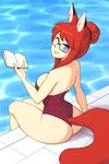  2017 5_fingers 5_toes absurd_res amber_eye animal_humanoid bikini blue_eyes breasts butt canine clothing eyebrows eyelashes eyewear female fluffy fluffy_tail fox glasses hair heterochromia hi_res humanoid kaitlin looking_at_viewer looking_back mammal red_hair skecchiart solo swimming_pool swimsuit toes towel water 