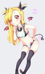  1girl black_legwear blonde_hair blush bra breasts demon_girl demon_tail looking_at_viewer lyrical_nanoha mahou_shoujo_lyrical_nanoha_strikers mahou_shoujo_lyrical_nanoha_vivid navel one_eye_closed panties small_breasts smile solo tail thighhighs underwear vivio white_bra white_panties 