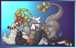  2017 ampharos anthro bantar2 big_breasts big_butt blush breasts butt claws dragon duo female fur hair hi_res huge_breasts kissing kommo-o male nintendo nipples nude pok&eacute;mon scalie simple_background thick_thighs tongue video_games 