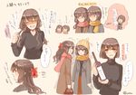  alternate_costume alternate_hairstyle bag beanie bottle brown_eyes brown_hair coat hair_ribbon handbag hat hyuuga_(kantai_collection) ise_(kantai_collection) kantai_collection long_hair long_sleeves looking_at_viewer looking_to_the_side mitsukoshi_(department_store) multiple_girls pom_pom_(clothes) ribbon scarf simple_background smile sweater tied_hair translation_request turtleneck turtleneck_sweater twitter_username yuzu_(kimagure_kankitsurui) 