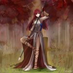  1girl arm_guards autumn_leaves chocojax fingerless_gloves full_body gloves long_hair original outdoors polearm red_eyes red_hair sandals signature solo spear standing standing_on_one_leg weapon 