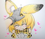  :3 ^_^ animal_ears bare_shoulders blonde_hair blush bow bowtie closed_eyes colored_pencil_(medium) commentary_request elbow_gloves fang gloves hand_on_another's_head hanya_(hanya_yashiki) heart kaban_(kemono_friends) kemono_friends multiple_girls petting serval_(kemono_friends) serval_ears serval_print short_hair solo_focus traditional_media 