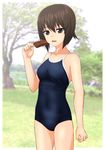  absurdres black_hair blue_swimsuit brown_eyes competition_school_swimsuit cowboy_shot food girls_und_panzer highres ice_cream looking_at_viewer nishizumi_maho one-piece_swimsuit open_mouth photo_background school_swimsuit short_hair solo standing swimsuit takafumi 