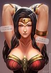  absurdres armpits arms_up badcompzero bare_shoulders black_hair blue_eyes breasts breasts_apart dc_comics english highres large_breasts long_hair looking_at_viewer open_mouth smile solo superhero tiara watermark wonder_woman wonder_woman_(series) 