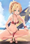  1girl beach bikini blue_sky cloud day fate/apocrypha fate/grand_order fate_(series) front-tie_bikini front-tie_top green_eyes hair_ornament hair_scrunchie highres lens_flare mordred_(fate)_(all) mordred_(swimsuit_rider)_(fate) neneru open_toe_shoes outdoors ponytail red_bikini red_scrunchie scrunchie side-tie_bikini sky solo squatting surfboard swimsuit waves 